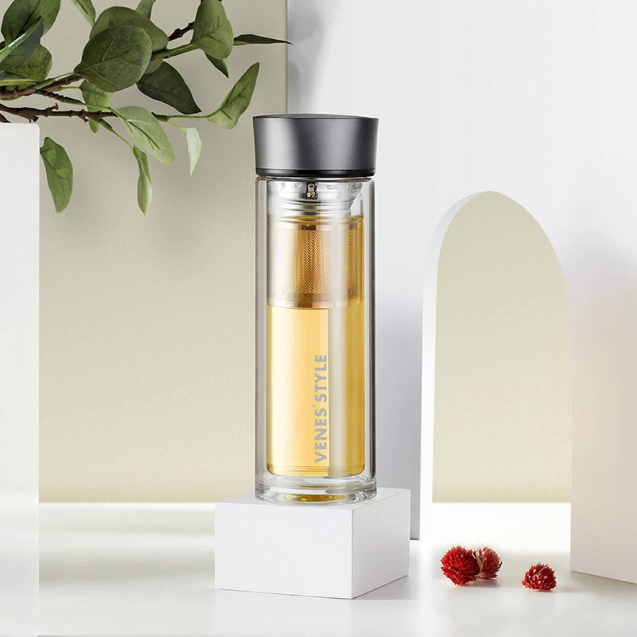 菲驰venes隔水杯便携杯子双层泡茶过滤网商务玻璃杯fc303300